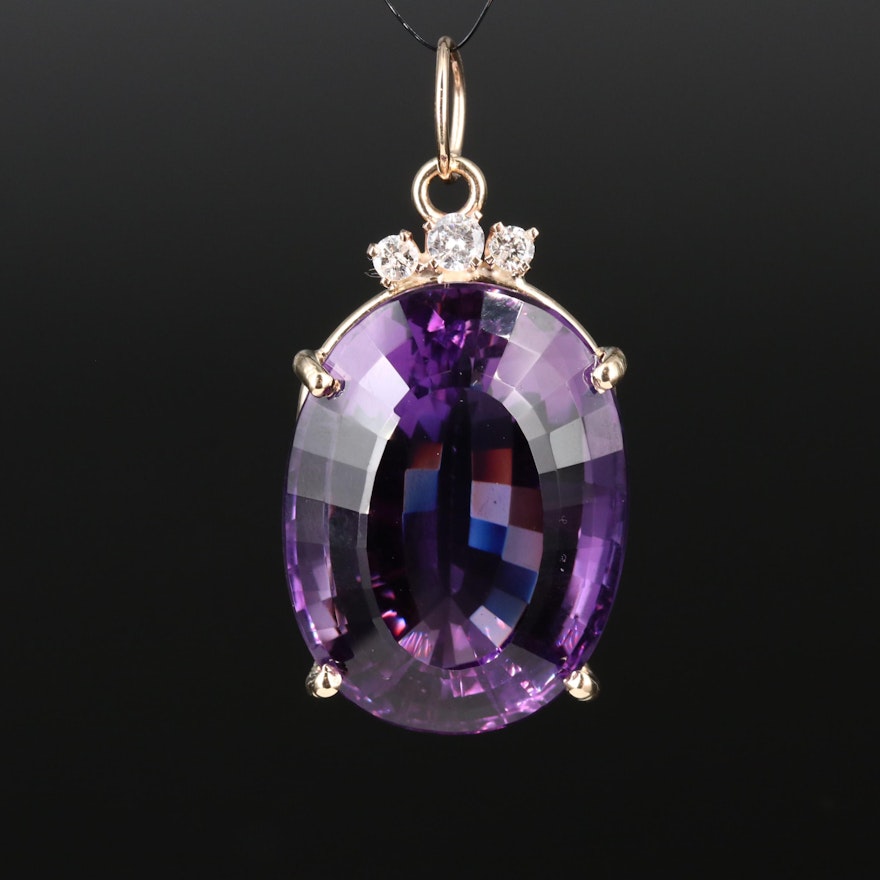 14K Gold 51.40 CT Amethyst, Diamond and Cubic Zirconia Pendant