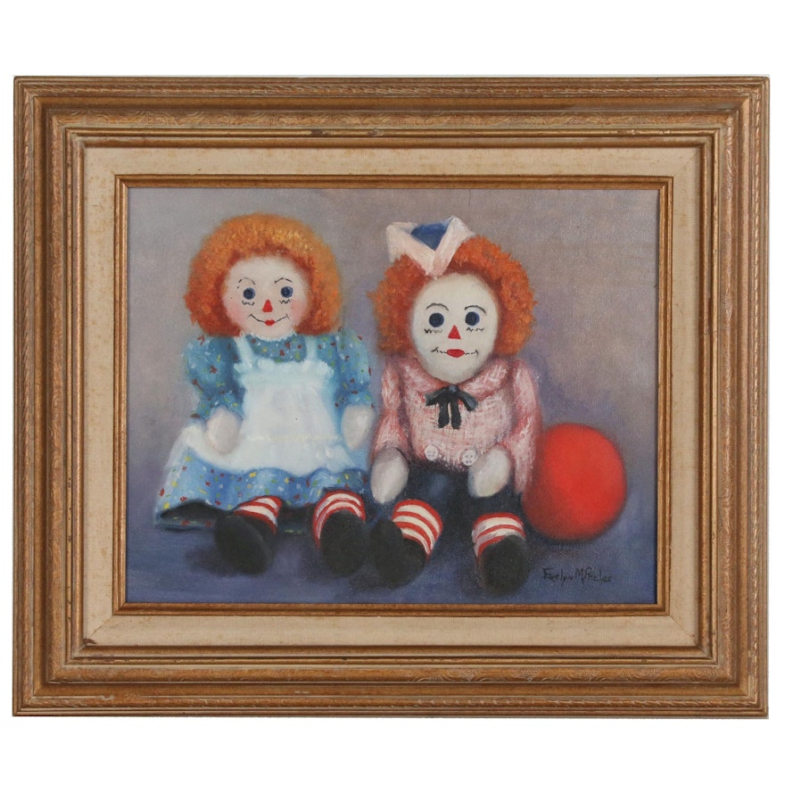 Evelyn M. Phelps Oil Painting of Rag Dolls, Late 20th Century