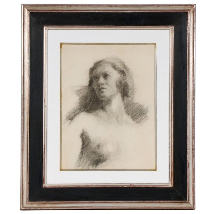 Portrait Charcoal Drawing Attributed Edmund Charles Tarbell , Early 20th Century