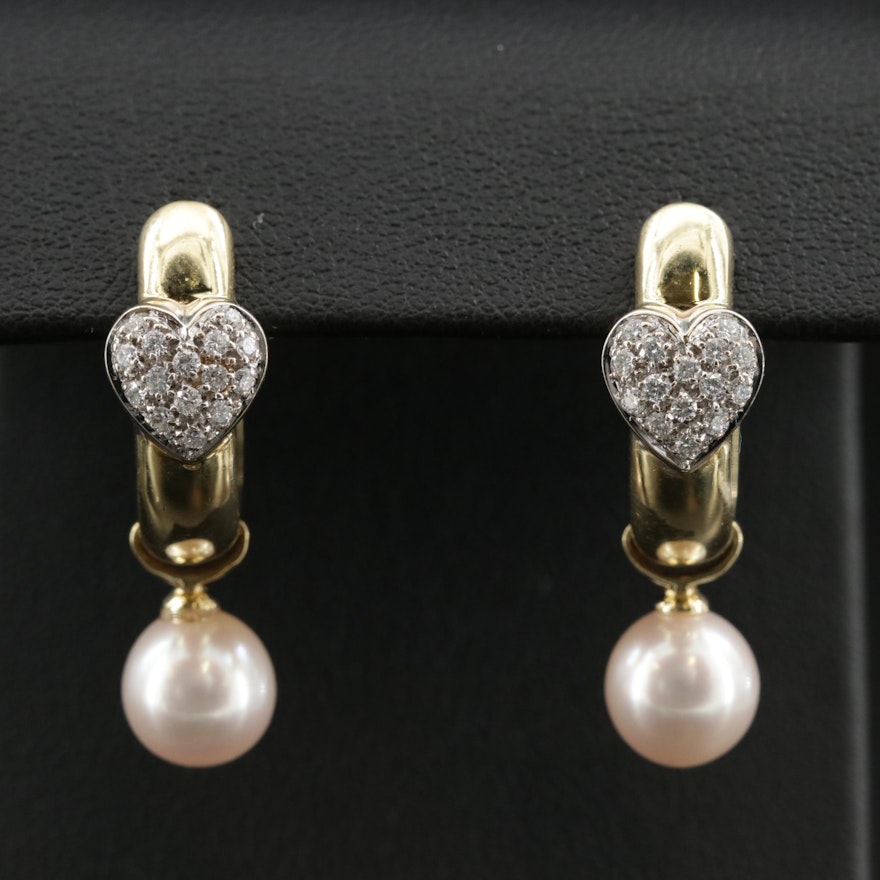 18K Diamond Heart J Hoop Earrings with Pearl Slides