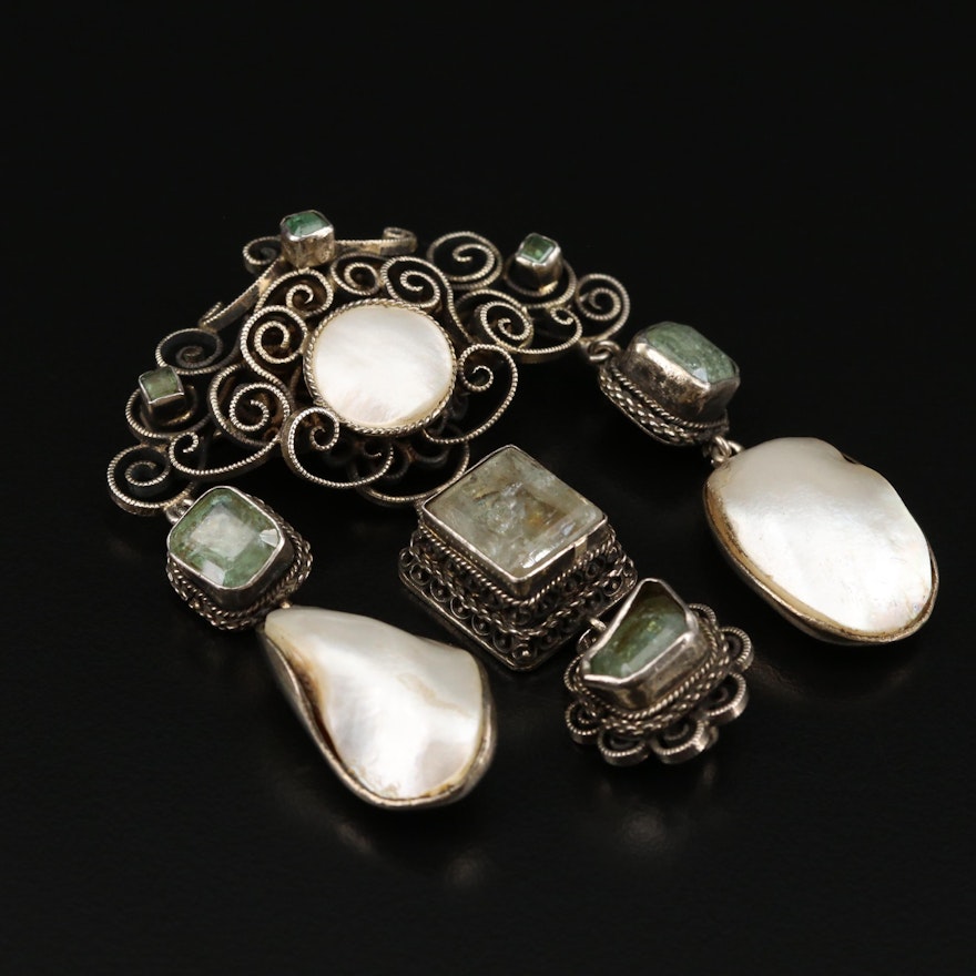 Sterling and 800 Silver Emerald, Beryl and Cultured Pearl Brooch