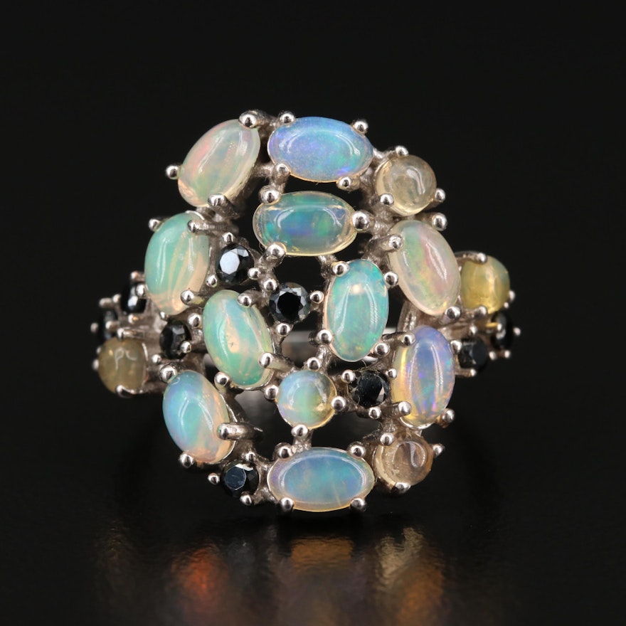 Sterling Silver Opal and Spinel Openwork Ring