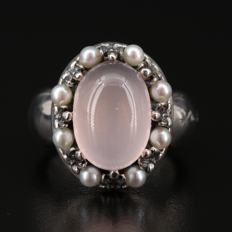 Ann King Sterling Silver Rose Quartz and Cultured Pearl Ring