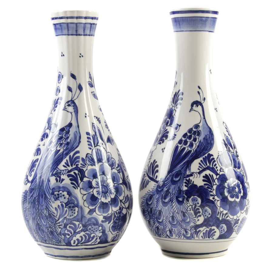 Pair of Delft Blue and White Porcelain Vases with Peacock Motif