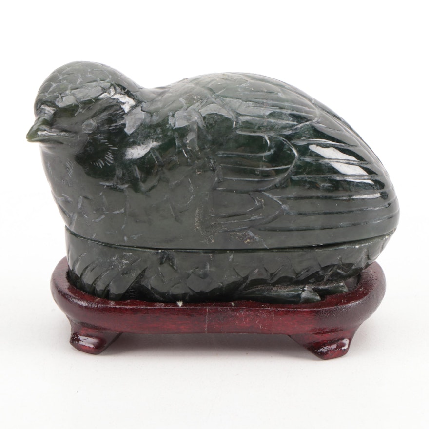 Chinese Carved Nephrite Quail Box with Stand