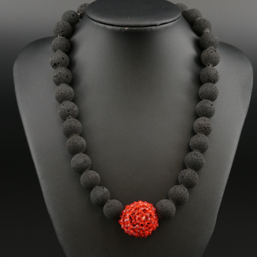 Lava Bead and Red Glass Necklace with Sterling Silver Clasp