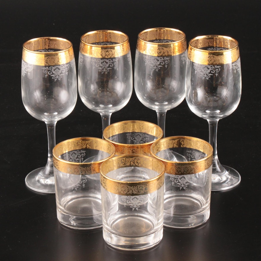 Gold Encrusted Etched Wine and Rocks Glasses