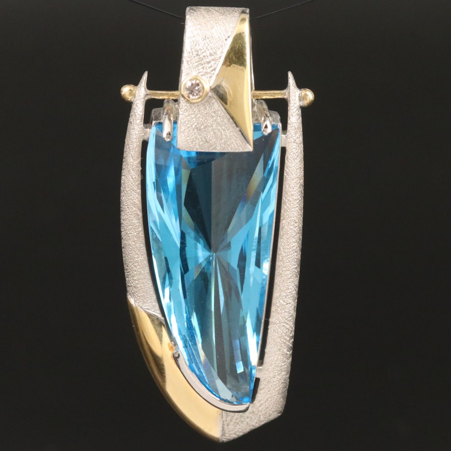 Sterling Silver Blue Topaz and Diamond Pendant with 18K Accents