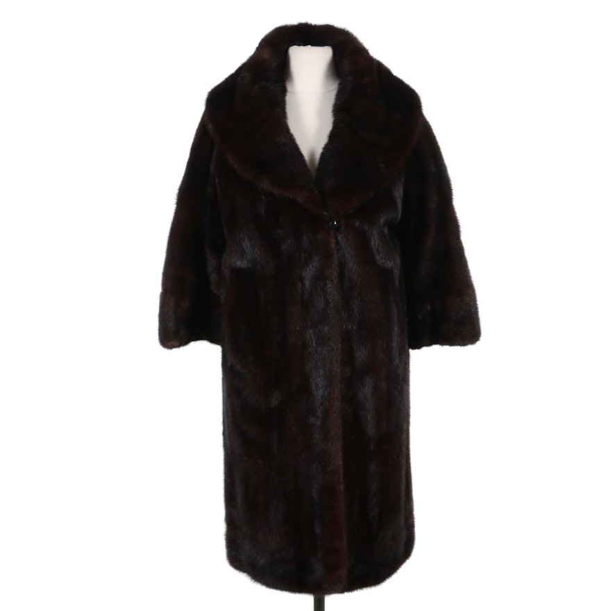 Mahogany Mink Fur Shawl Collar Coat, 1950s Vintage