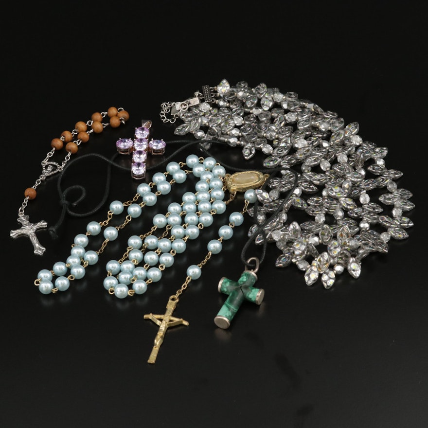 Katherine J. Kornblau Necklace With Rosaries and Sterling Silver Cross Pendant