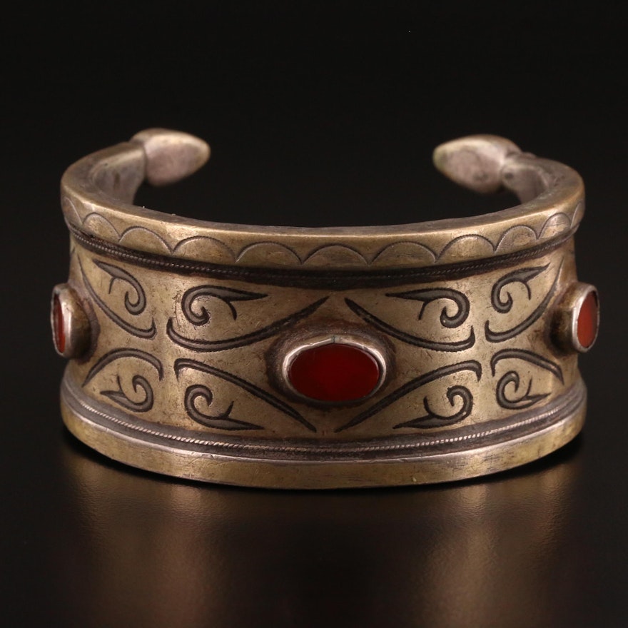 Turkman Style 800 Silver Carnelian Cuff Bracelet