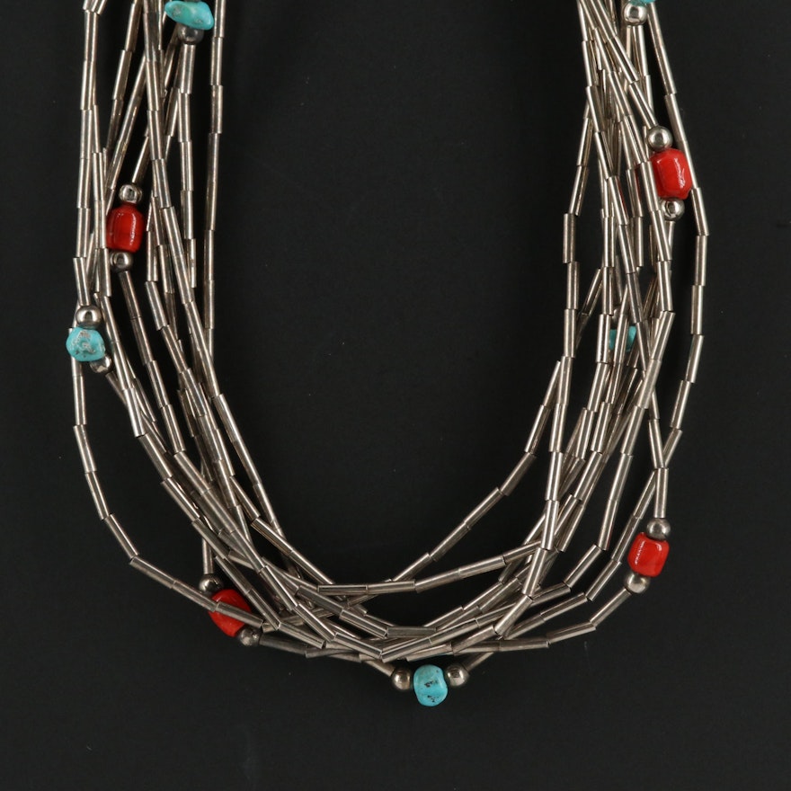 Turquoise and Glass Bead Ten Strand Necklace