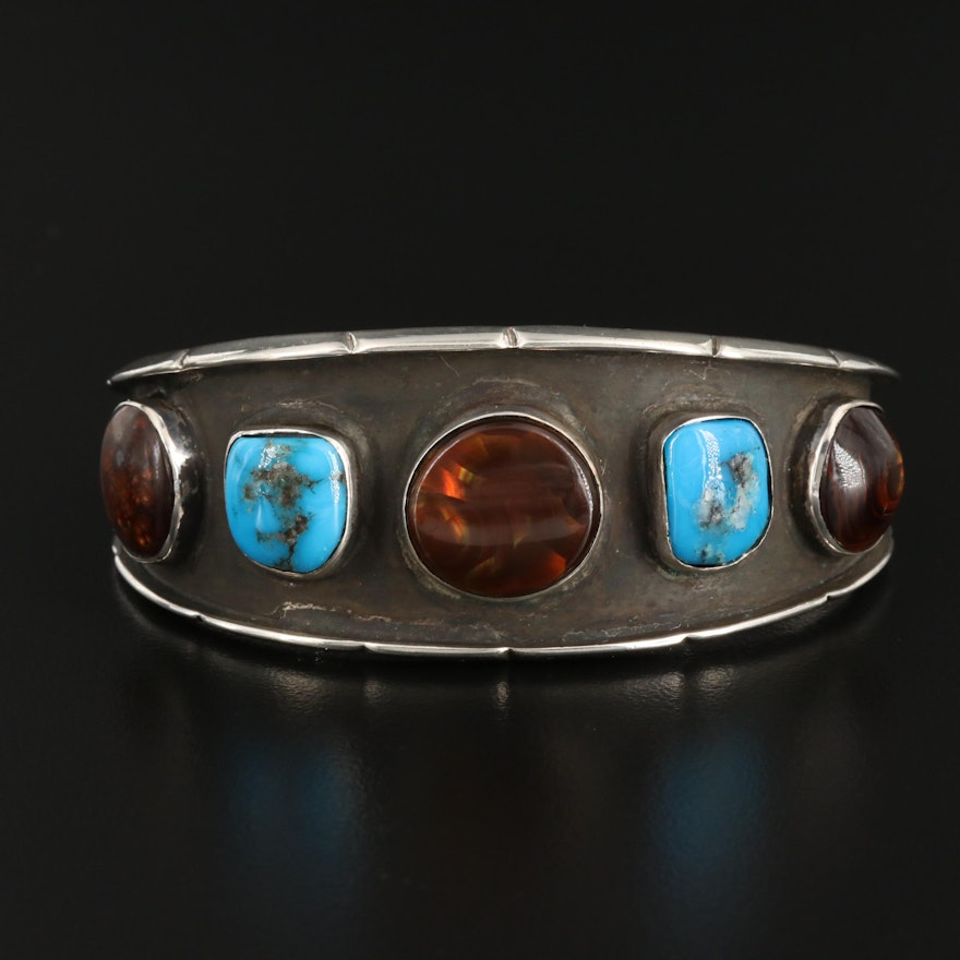 Sterling Silver Fire Agate and Turquoise Cuff