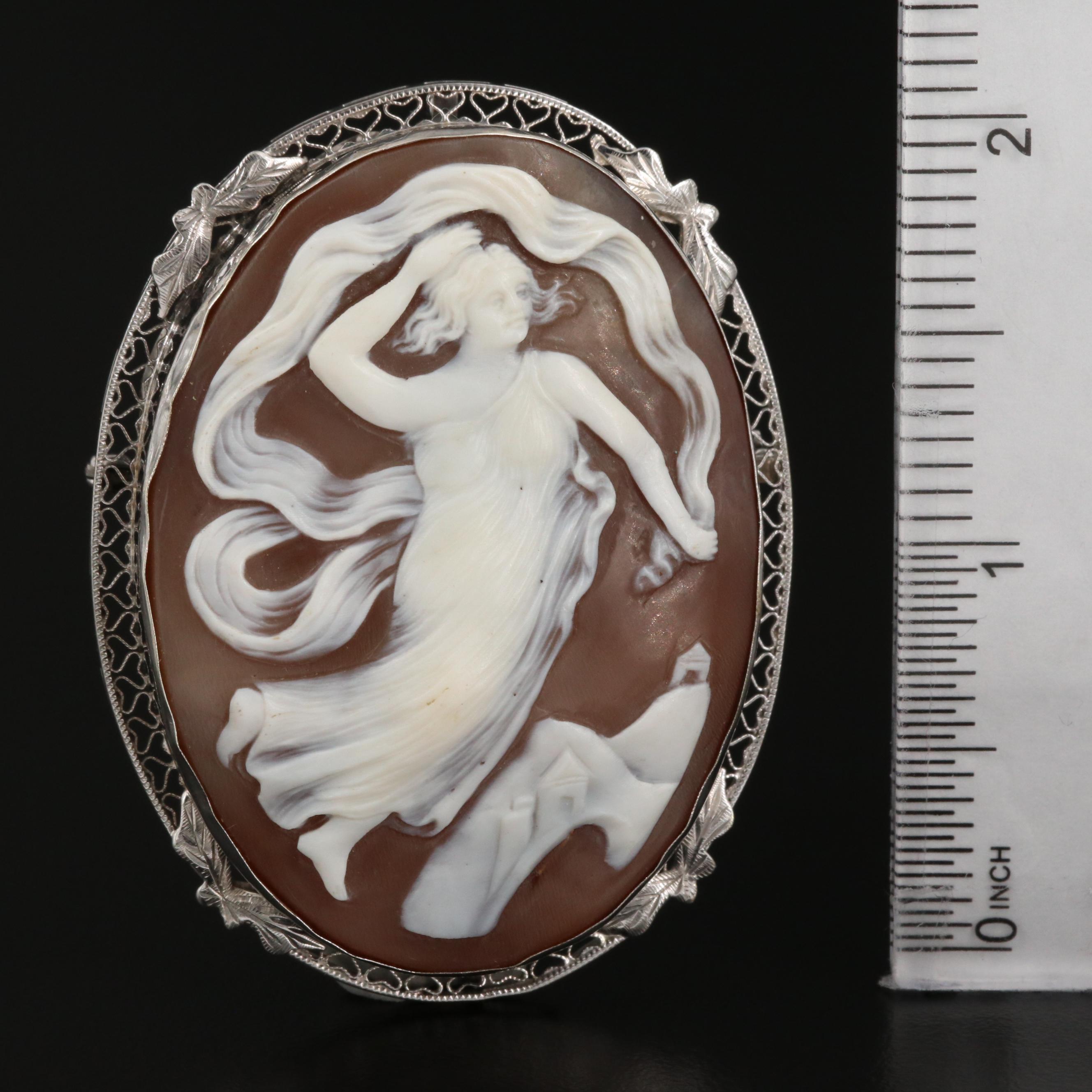 Early 1900s 14K Carved Shell Dancing Greek Goddess Cameo Converter Brooch