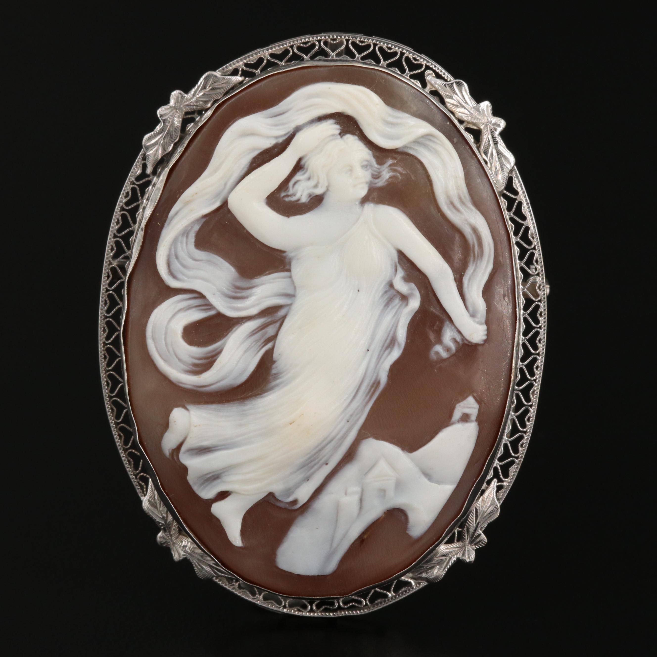 Early 1900s 14K Carved Shell Dancing Greek Goddess Cameo Converter Brooch