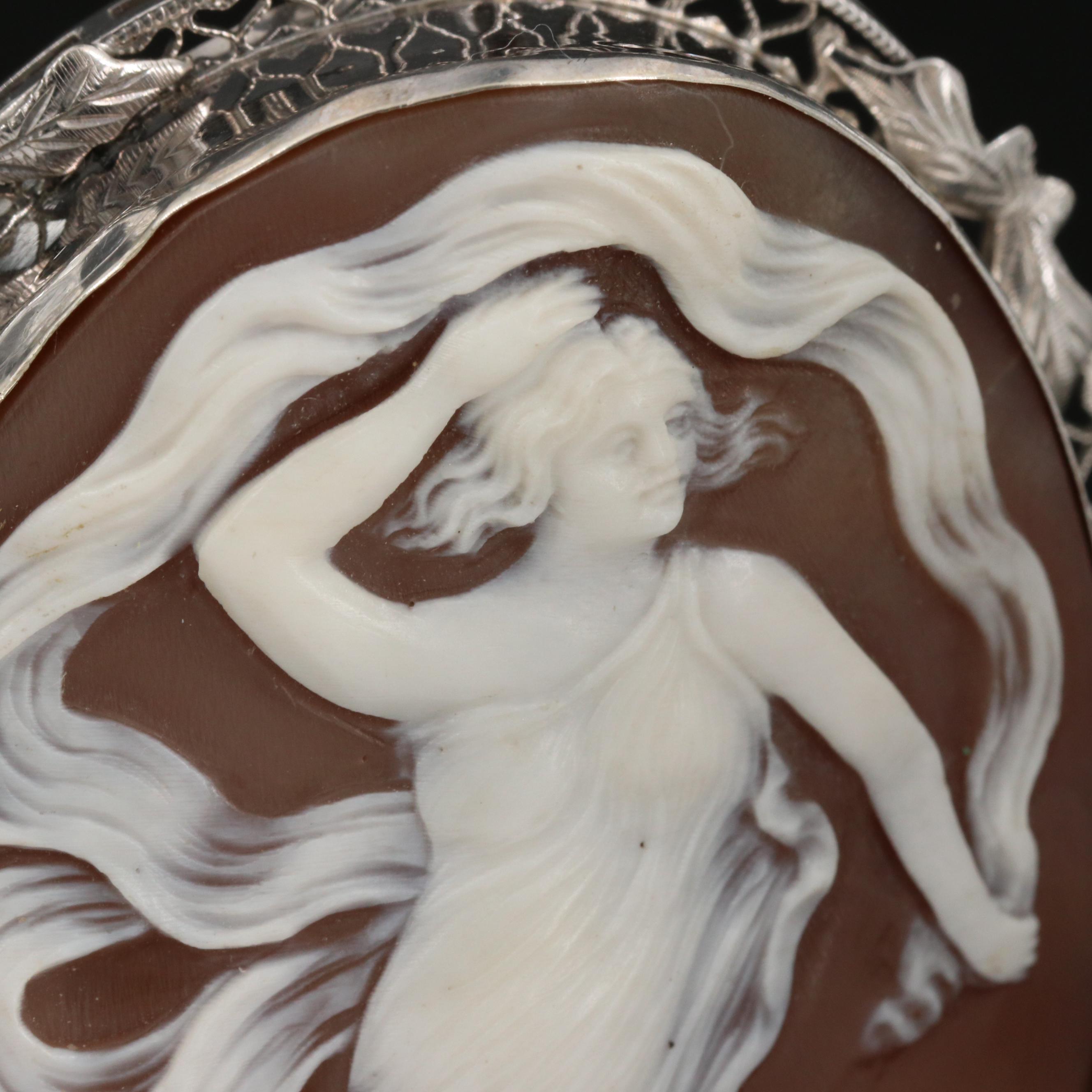 Early 1900s 14K Carved Shell Dancing Greek Goddess Cameo Converter Brooch
