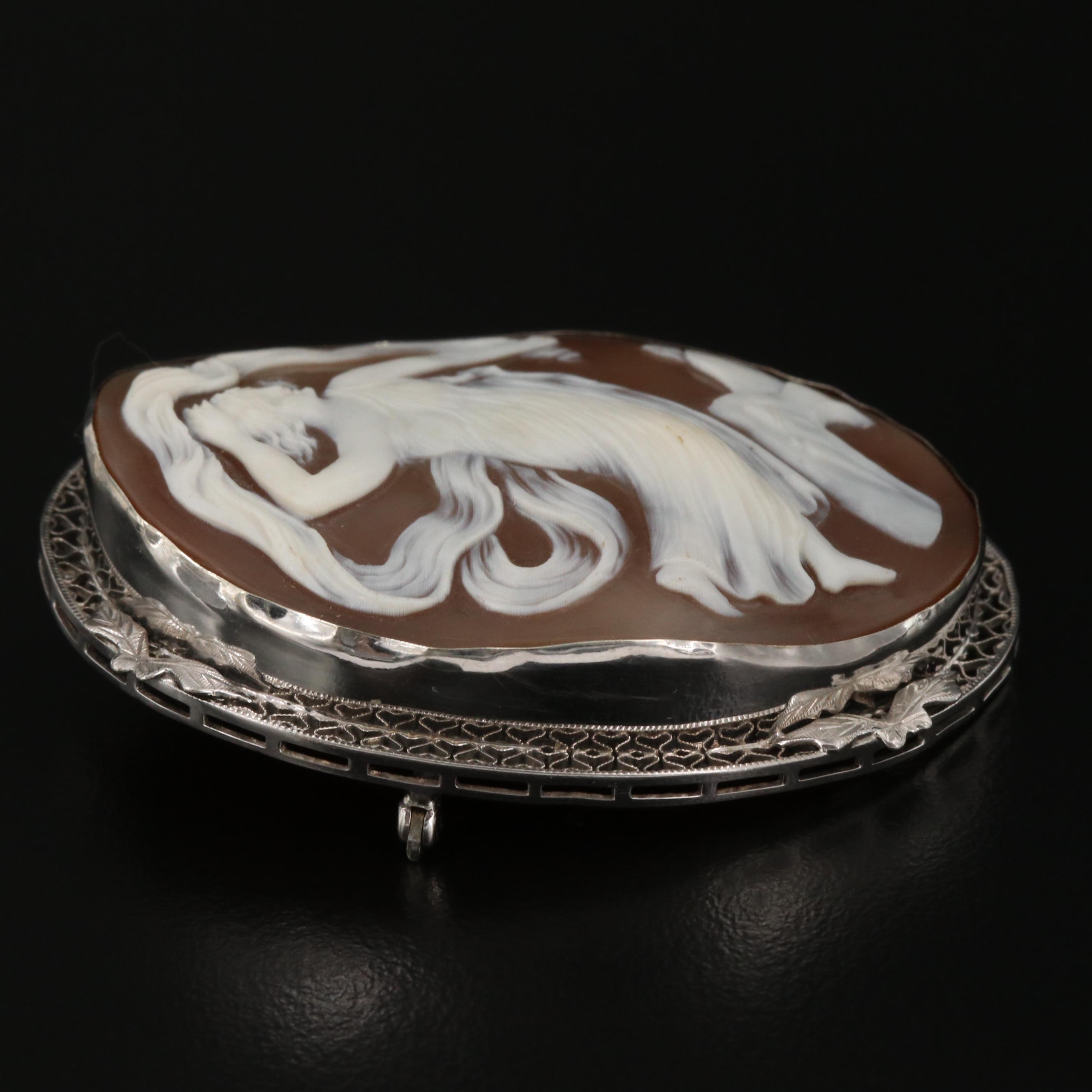 Early 1900s 14K Carved Shell Dancing Greek Goddess Cameo Converter Brooch