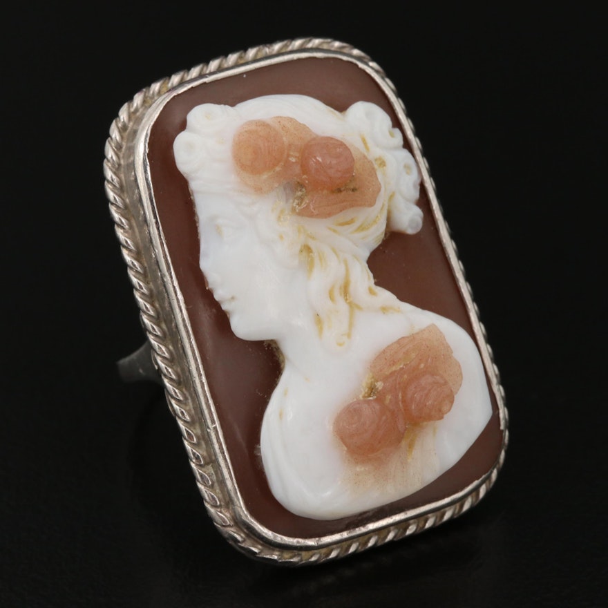 1930s Palladium Carved Onyx High Relief Cameo Ring