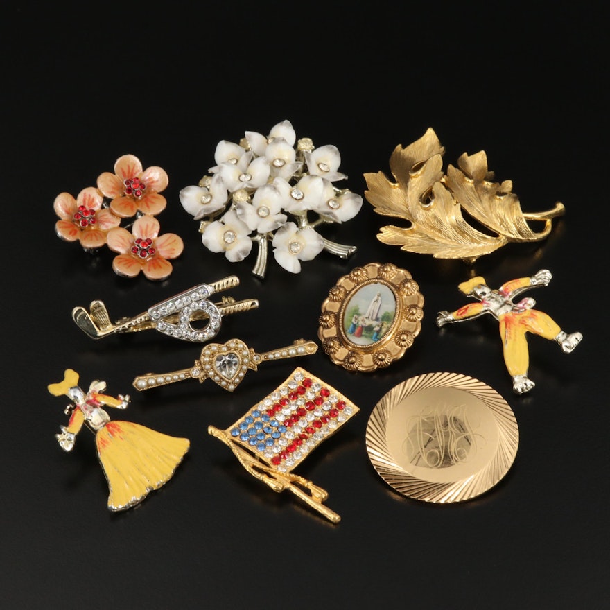 Collection of Vintage Rhinestone and Enamel Brooches Featuring Monet