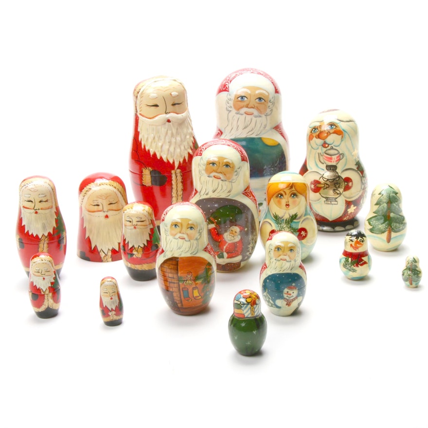 Three Handcrafted Santa Claus Themed Wooden Matryoshka Dolls