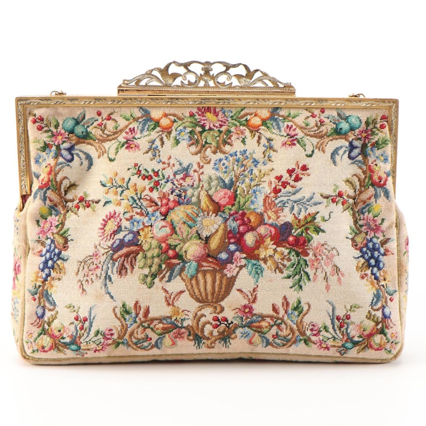 Floral and Fruit Compote Petit Point Purse with Openwork Frame