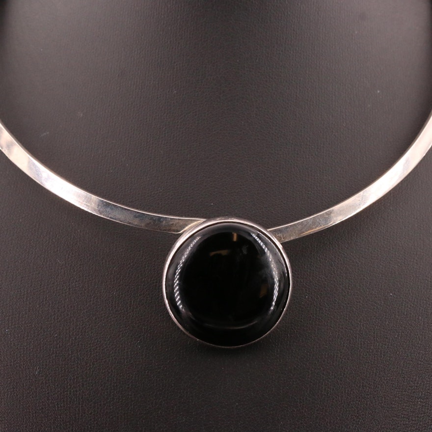 Mexican Sterling Silver Torc Choker Collar with Black Onyx Pendant