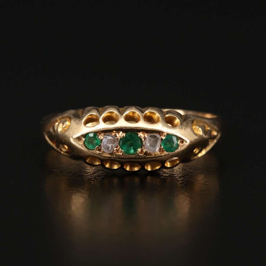 Antique British 18K Emerald and Diamond Navette Ring