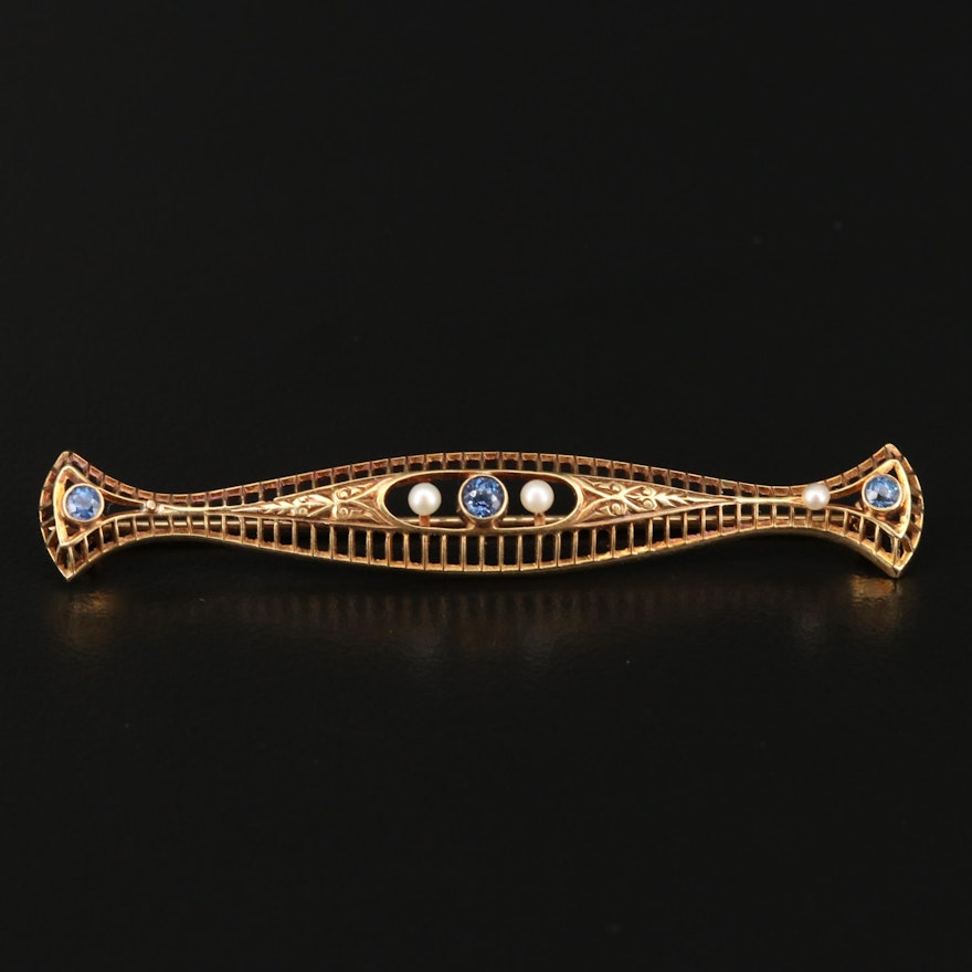 Antique Hagerstorm & Chapman Co. 14K Sapphire and Seed Pearl Brooch