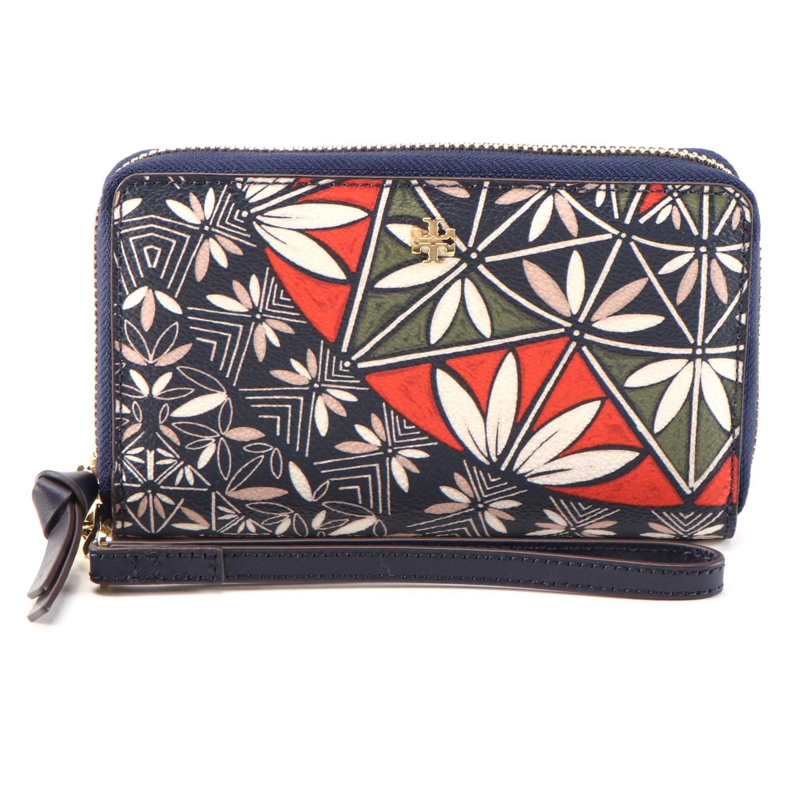 Tory Burch Kerrington Zip-Around Wristlet in Navy Pottery Print