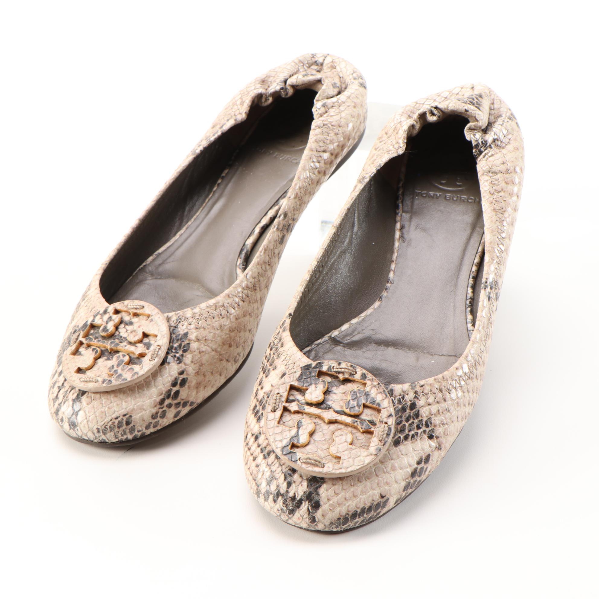 Tory Burch Reva Snakeskin Print Embossed Leather Flats