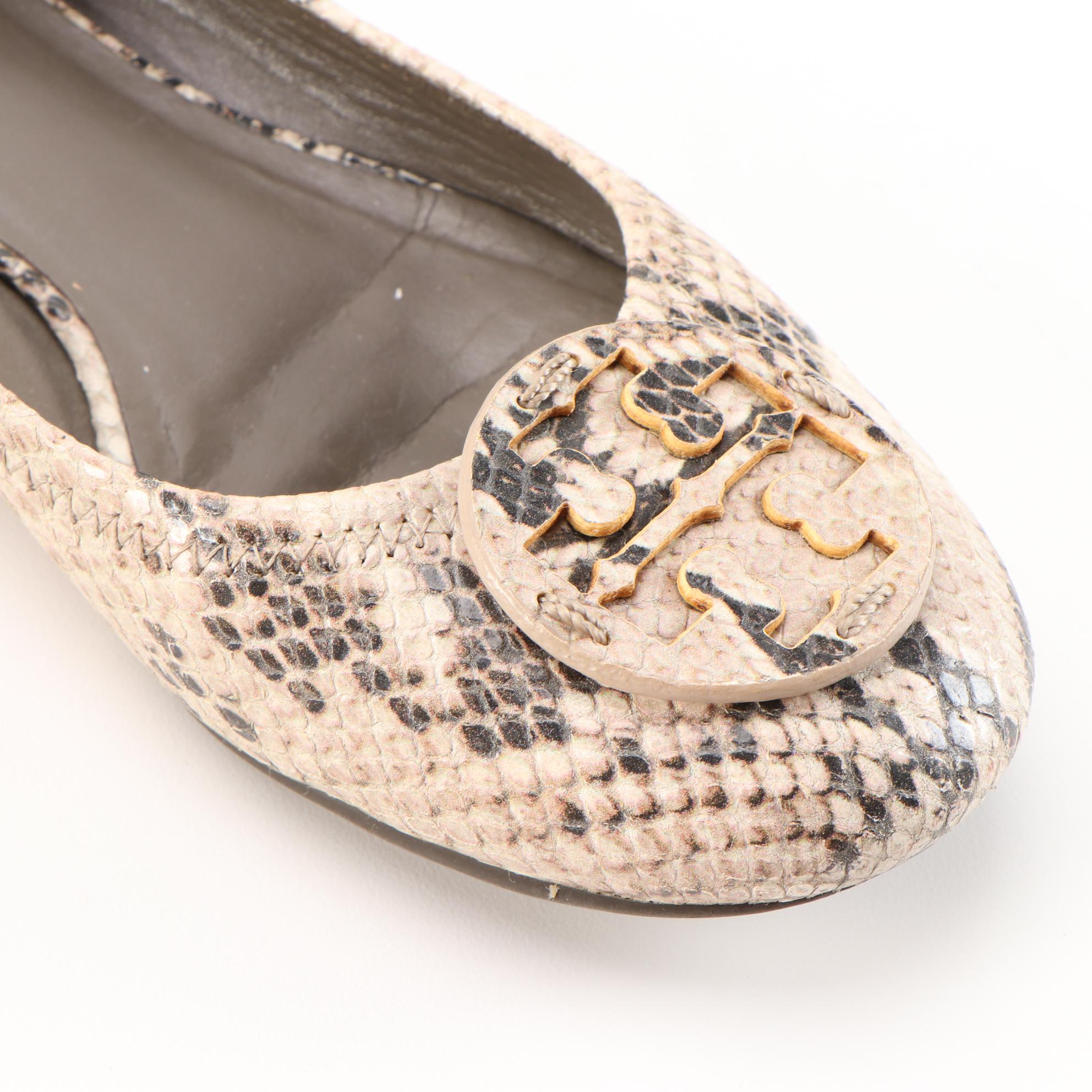 Tory Burch Reva Snakeskin Print Embossed Leather Flats