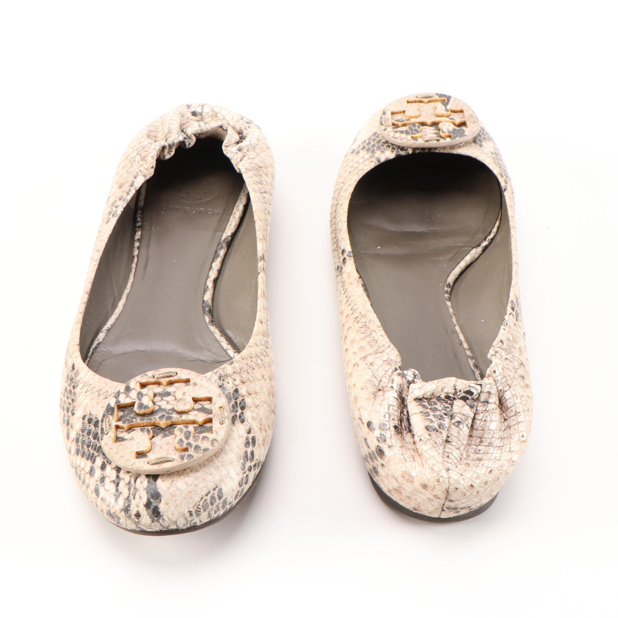 Tory Burch Reva Snakeskin Print Embossed Leather Flats