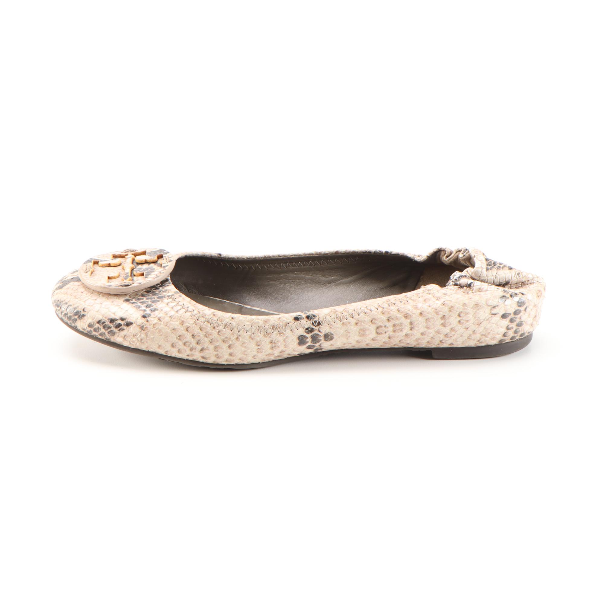 Tory Burch Reva Snakeskin Print Embossed Leather Flats