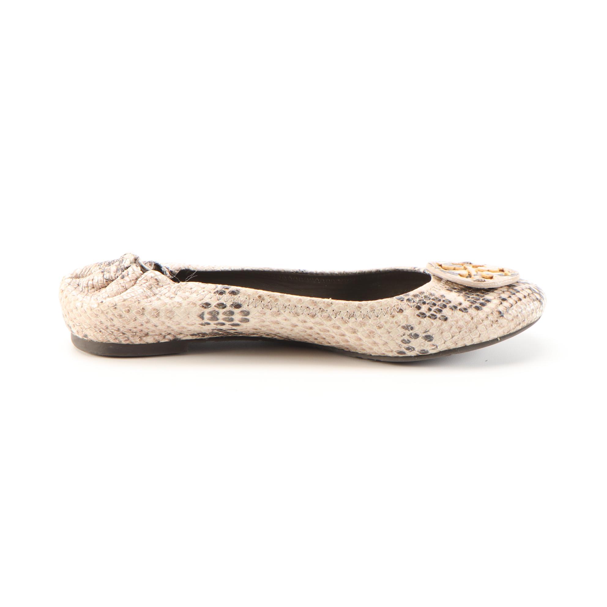Tory Burch Reva Snakeskin Print Embossed Leather Flats