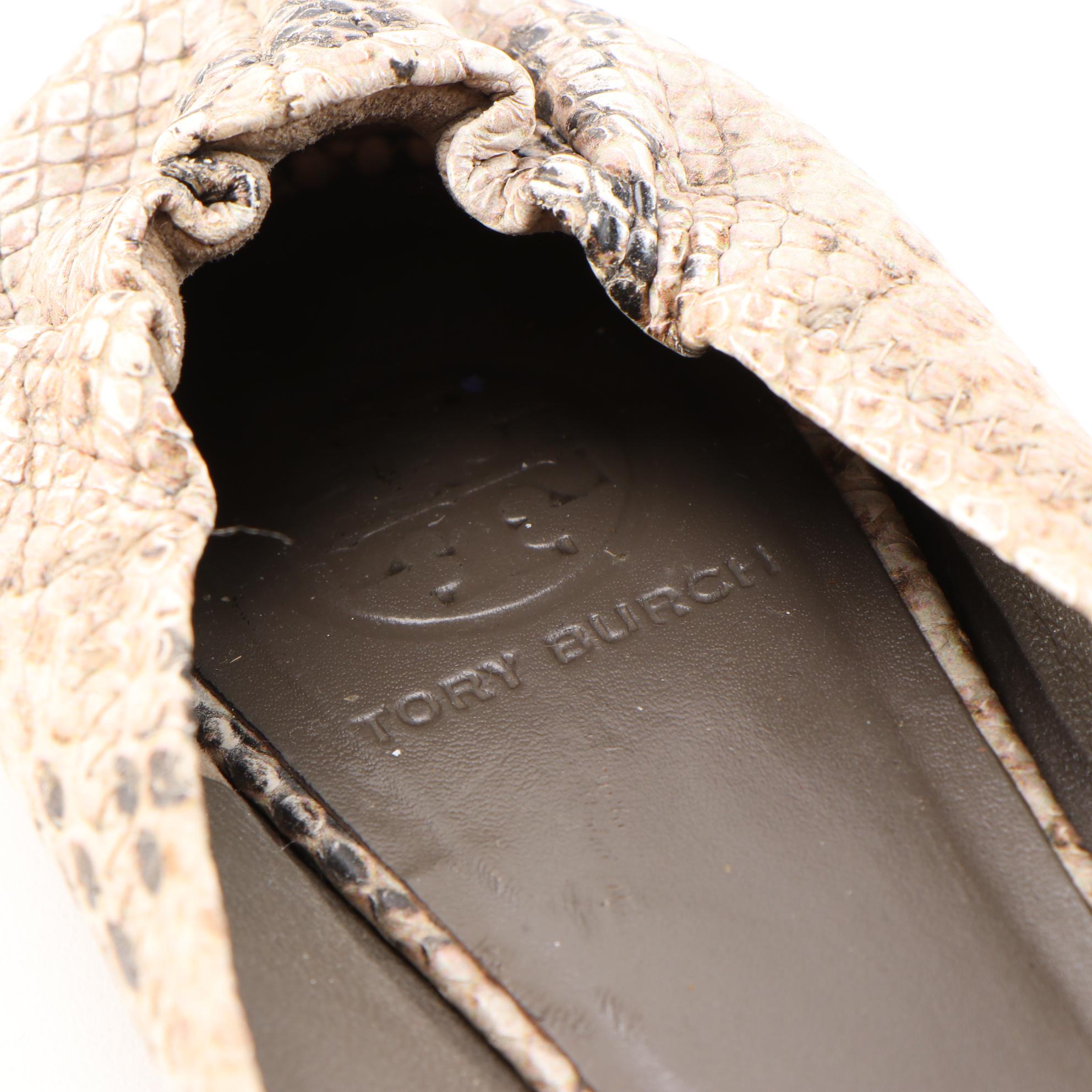 Tory Burch Reva Snakeskin Print Embossed Leather Flats