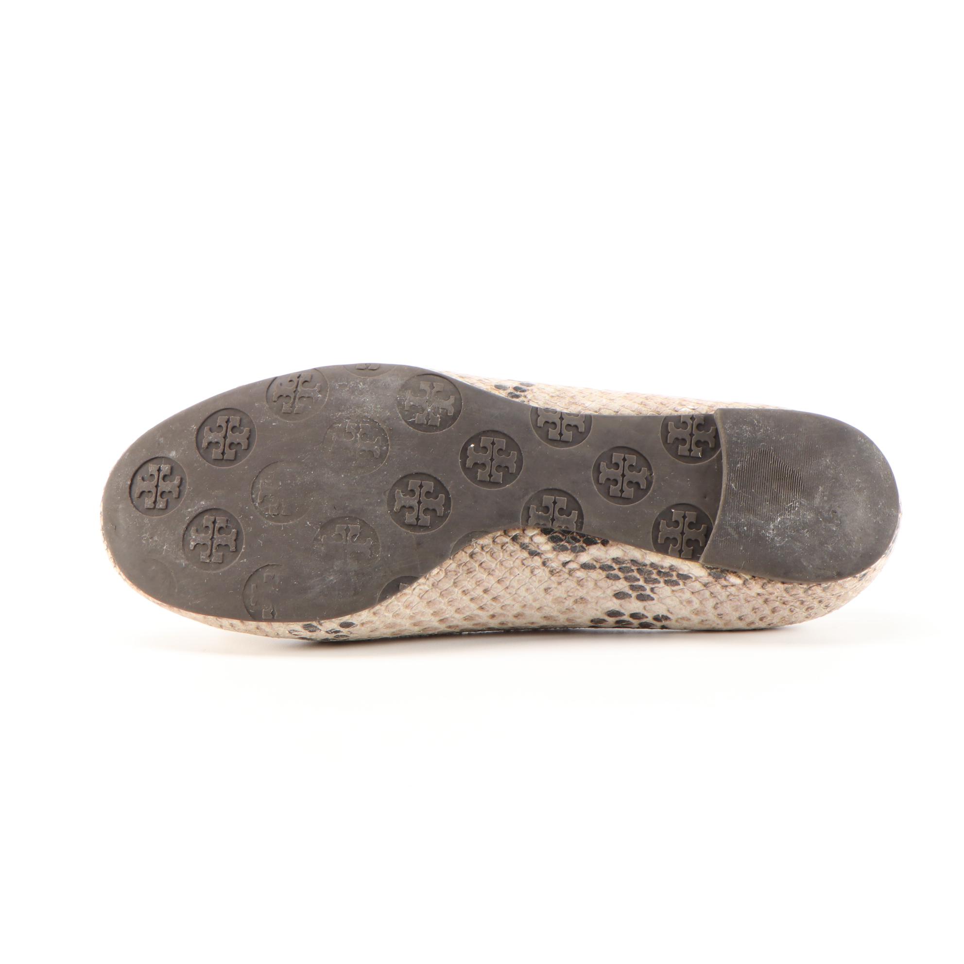 Tory Burch Reva Snakeskin Print Embossed Leather Flats
