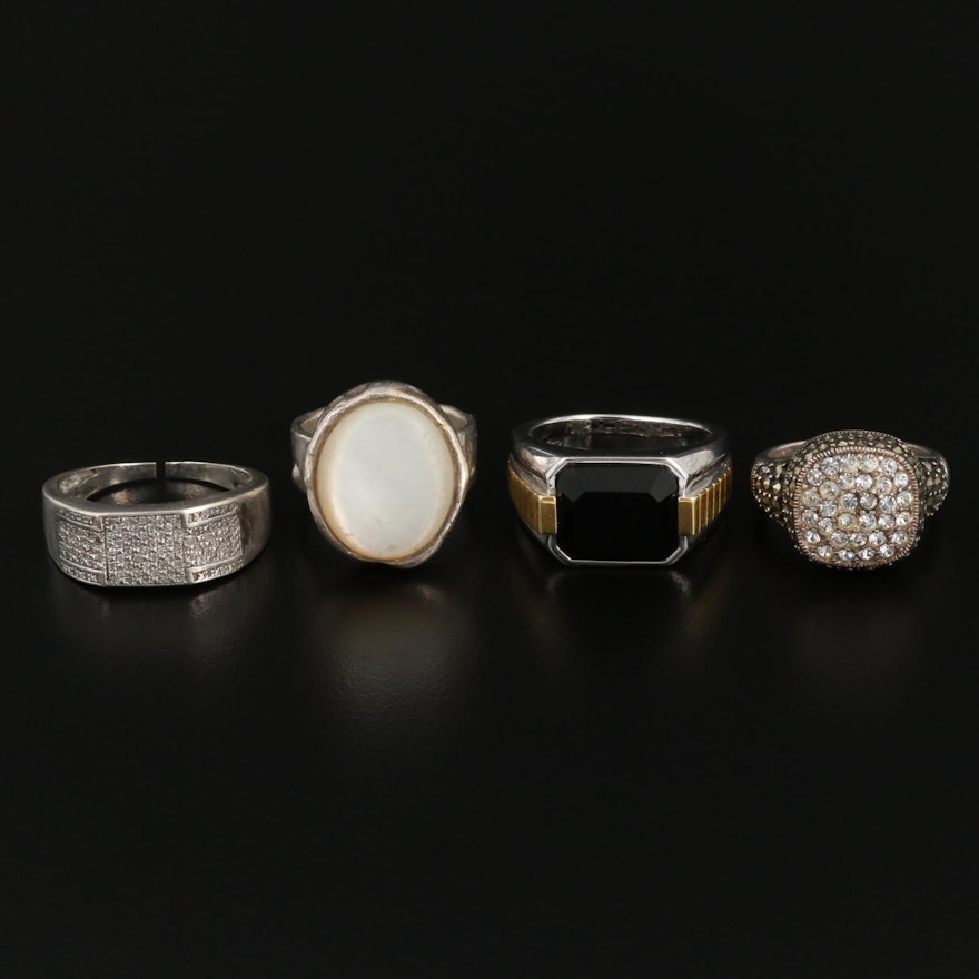 Collection of Sterling Silver Rings with Mother of Pearl, Diamond and Black Onyx