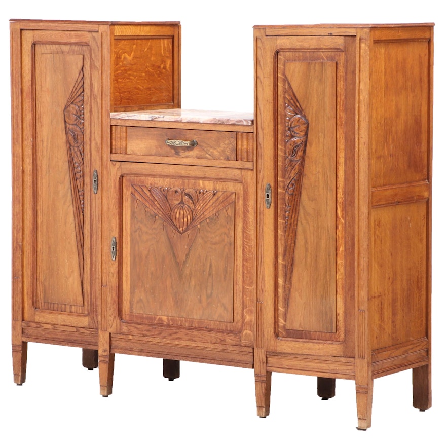 French Art Deco Oak Marble Top Buffet, Early 20th Century