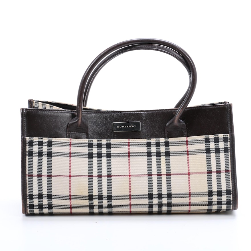 Burberry "House Check" Canvas Tote Bag with Black Leather Trim