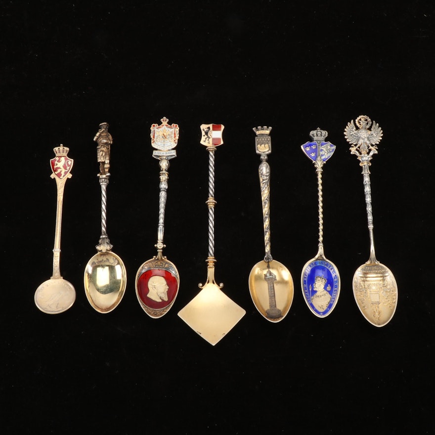 Gold Washed Sterling Silver and 800 Silver Enameled Souvenir Spoons