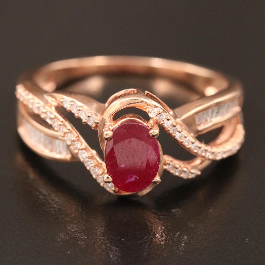 10K Rose Gold Corundum and Diamond Ring