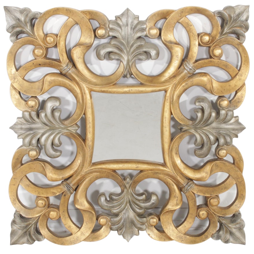 Silver and Gold Toned Scrolling Wall Mirror, Contemporary