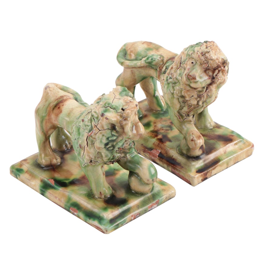 Pair of Cathy Gatch Turtle Creek Pottery Lions, 1993