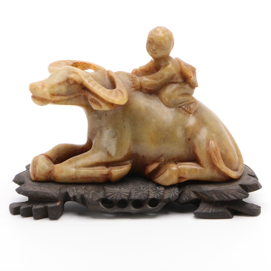 Chinese Carved Soapstone Figurine of a Child and Water Buffalo