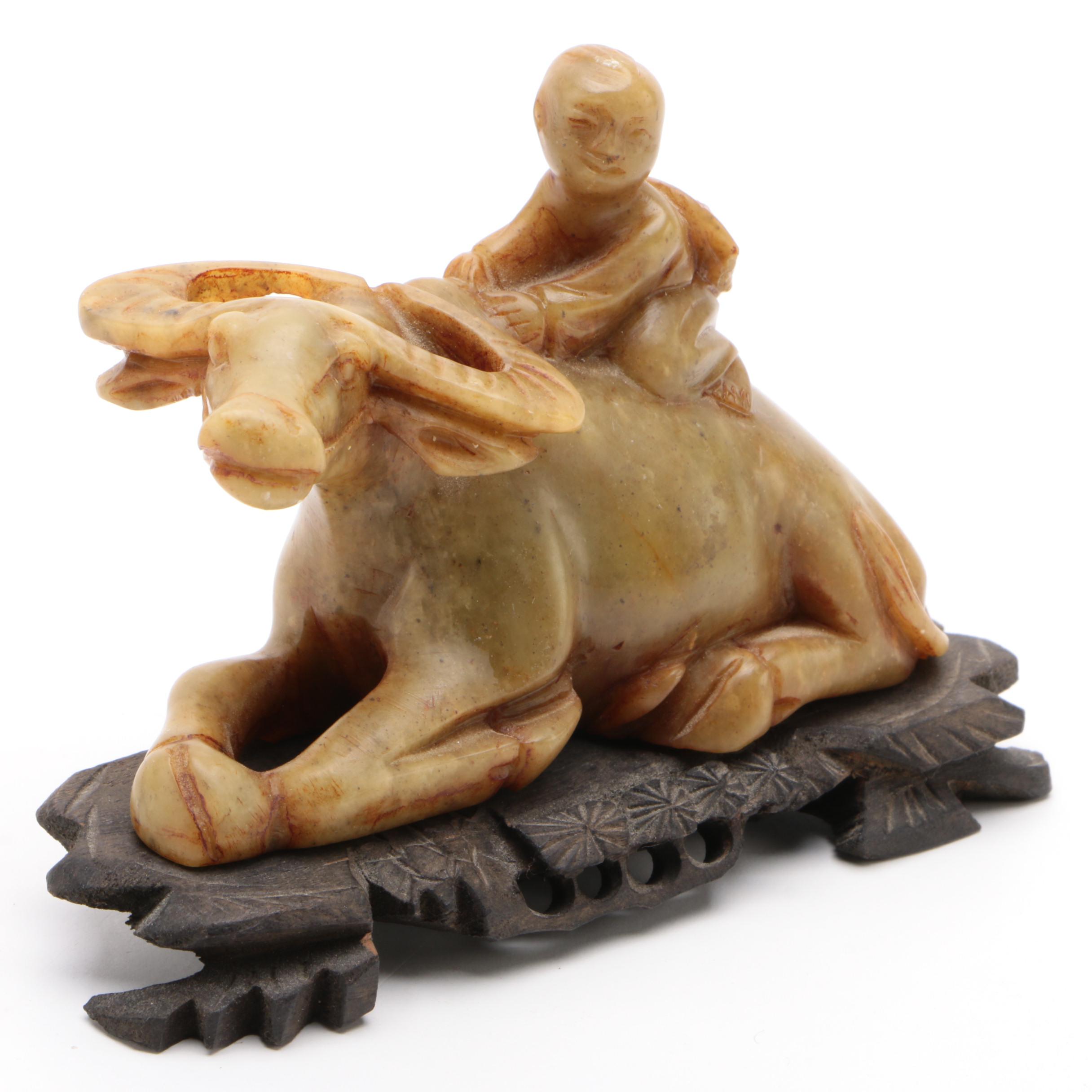 Chinese Carved Soapstone Figurine of a Child and Water Buffalo