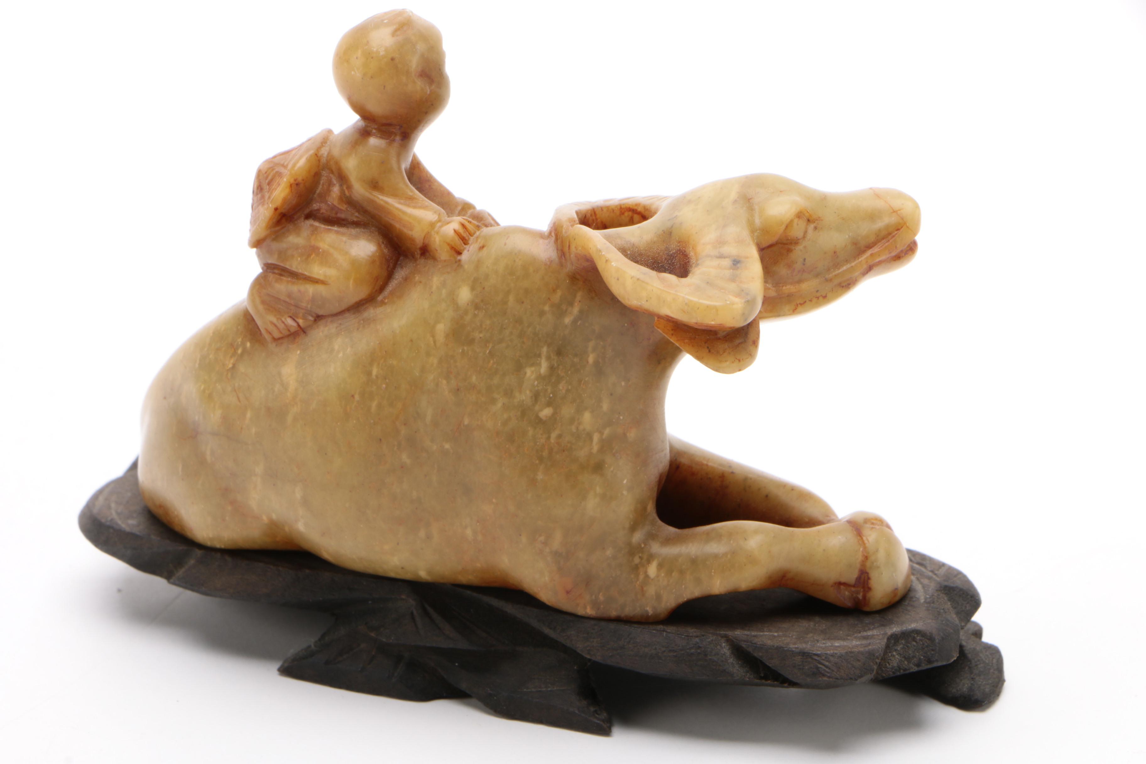 Chinese Carved Soapstone Figurine of a Child and Water Buffalo