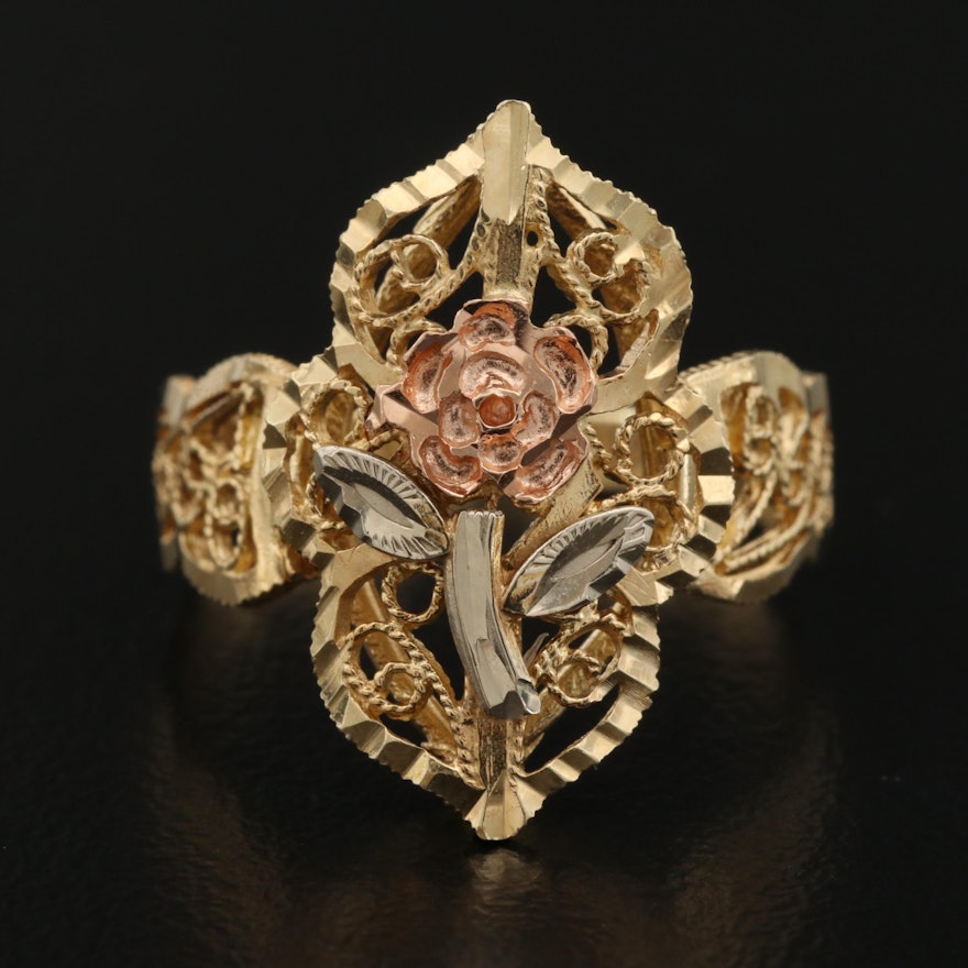 14K Tri-Color Gold Floral Diamond Cut Filigree Ring