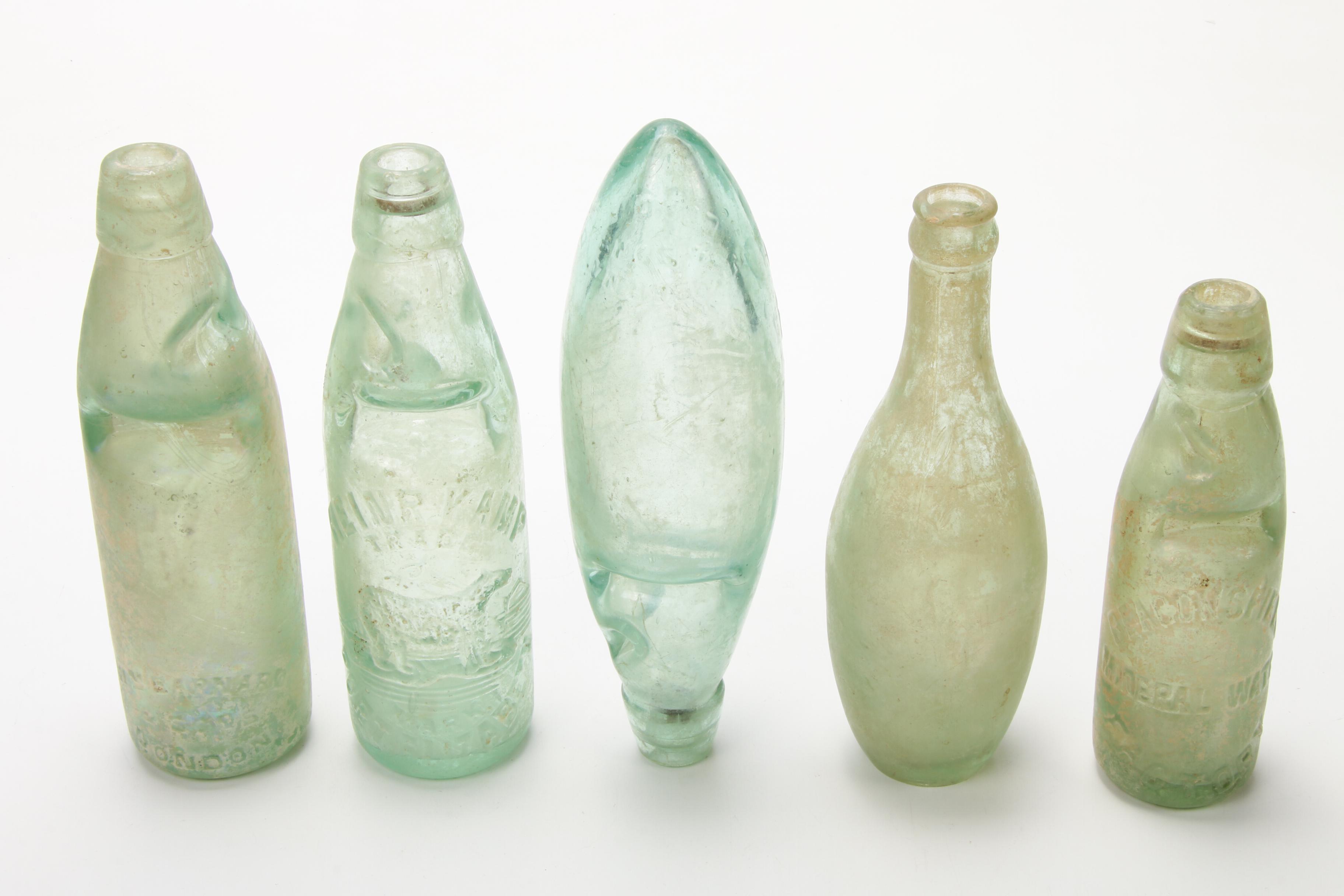 Antique Aqua Mineral and Soda Water Bottles and Book