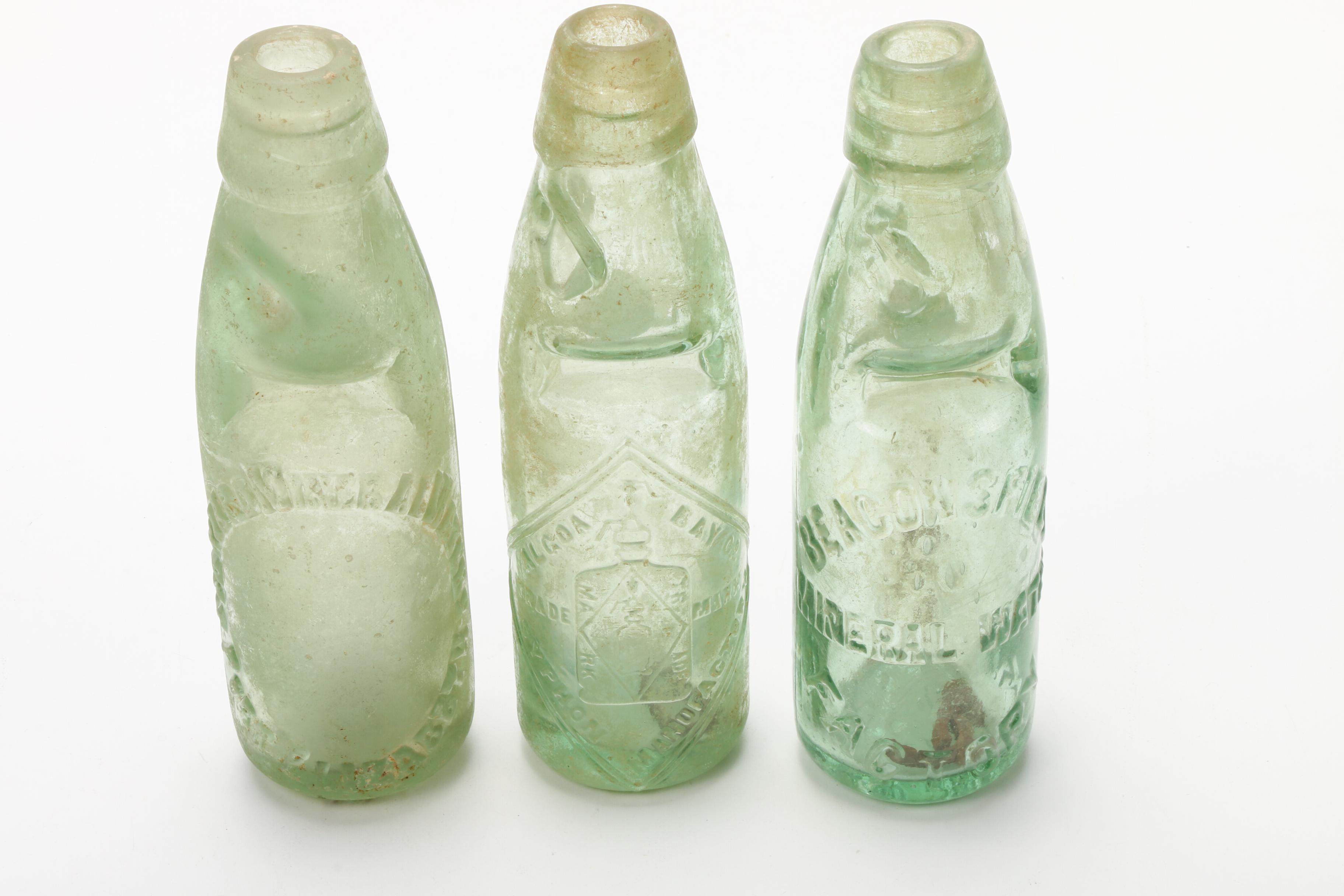 Antique Aqua Mineral and Soda Water Bottles and Book