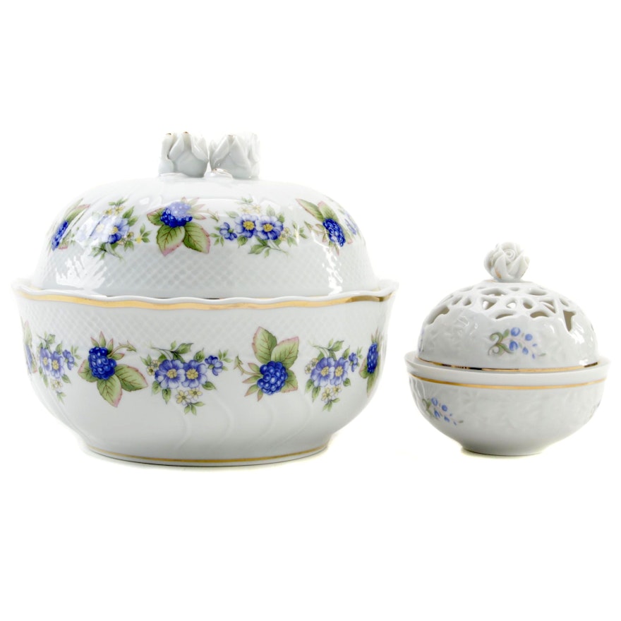 Hollóháza Porcelain Covered Bowl and Trinket Dish, Late 20th Century